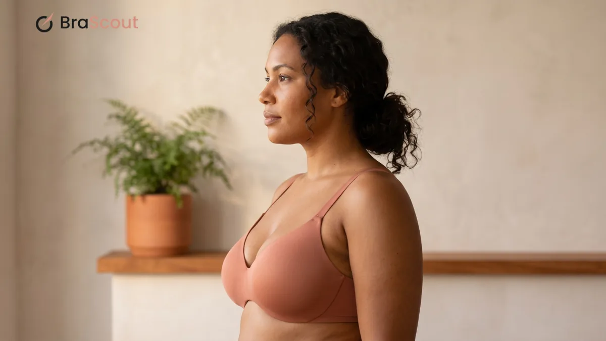 Woman in a terracotta bra standing beside a potted plant in soft natural light.