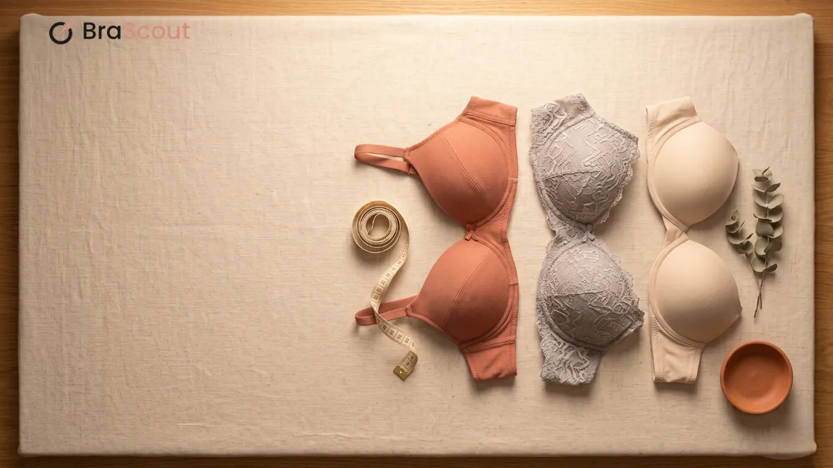 Flat-lay of several bras in muted earth tones arranged on a tan board with dried botanicals.
