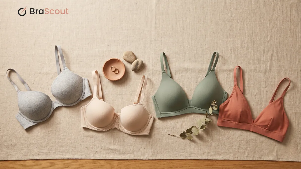 Flat-lay of several bras in grey, sage and cream on a neutral surface with a small dish.